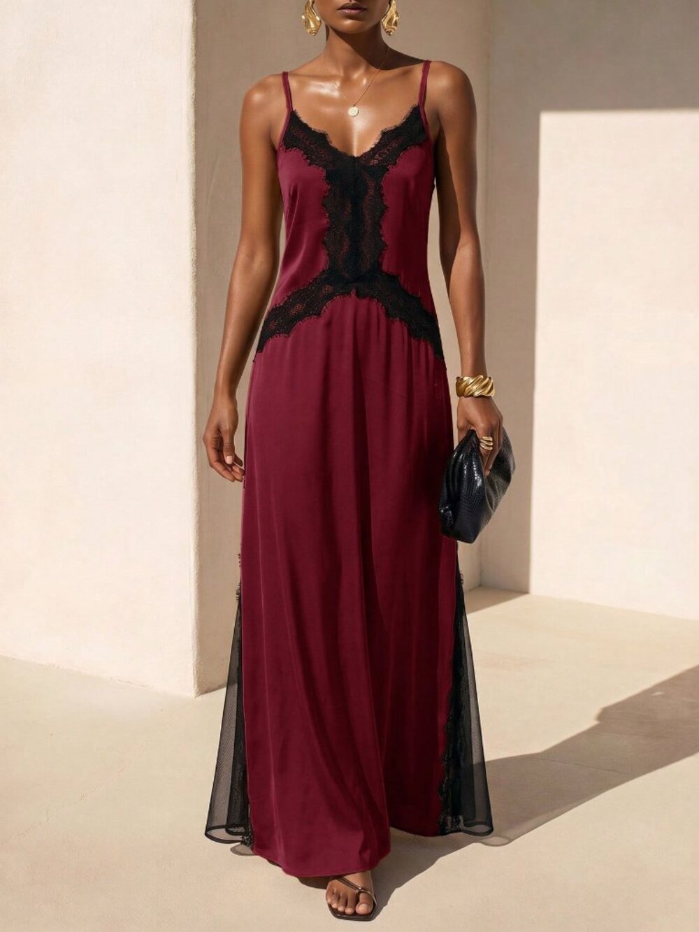 Burgundy Casual Women's Lace Patchwork Party Long Cami Dress